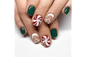 SALROAL Green False Nails Short - 24PCS Christmas Nails - Square Press on nails Red Green,Christmas Fake Nails with Candy &Stripe,Glossy Glue on Nail with Glue for Women Xmas New Year DIY Nails