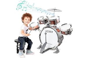 NonKob Kit De Batterie Jazz pour Enfants, Batterie Jazz Enfant Instrument 5 Tambours avec Tabouret, DéButants Instrument Musique à Batteries Et Musique PréCoce Jouets pour 3-7 Ans GarçOns Filles