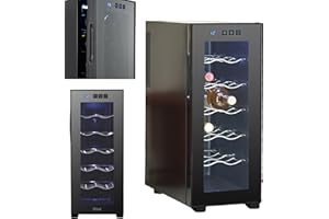 Zilan Refrigerador para vino, independiente, silencioso, 12 botellas, 33 litros, luces LED, enfriador de vino, armario pequeño con clima de vino, mini nevera, minibar con puerta de cristal