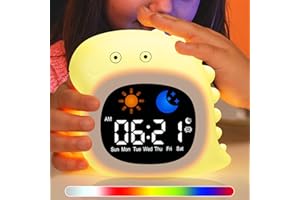 SunnyOcean Kids Alarm Clock with Night Light, Toddler Sleep Trainer Clock with White Noise, Rechargeable Digital Clock for Children, Dinosaur