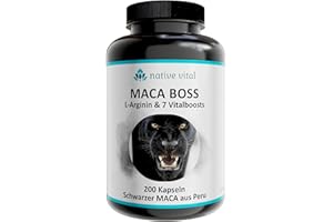 ‎NATIVE VITAL Maca Kapseln hochdosiert schwarzes Maca aus Peru mit L-Arginin, B12, Magnesium und vieles mehr, 200 Kapseln, Vegan