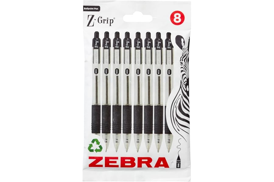 Zebra Pen Z Grip Black Ballpoint Pens with Pocket Clip 8pk, Retractable Black Ink Ballpoint Pens, Reliable Black Biro Pens Mu