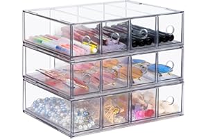 SUPAWAY Organiseur à tiroirs 3 pièces avec 12 compartiments Boîte empilable Organiseur de bureau avec tiroir amovible Boîte de rangement multifonction pour papeterie, moelle, bureau, lunette de soleil
