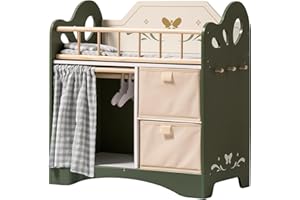 ROBUD Lit de poupée en bois avec armoire, linge de lit, espace de rangement et crochets, pour poupées jusqu'à 51 cm, cadeaux pour filles à partir de 3 ans (vert)