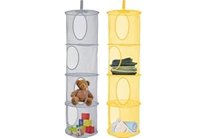 NCOALE Hängeaufbewahrung Korb, 2 Stück 4 Fächern Hängendes Speichernetz Wardrobe Organizer, Faltbarer Multifunktions Platzsparender Organizer Spielzeug Aufbewahrung, für Spielzeug Kleidung (Gelb und Grau)