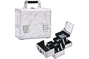 Joligrace Makeup Box Cosmetics Case Jewelry Organiser Vanity Make Up Storage Boxes with Mirror and One Brushes Holder Key Locks (White Marble Pattern)
