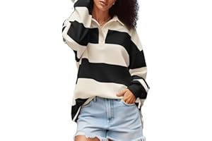 Amiblvowa Rugby Shirt Women Striped Collared Long Sleeve Polo Shirts Oversized Color Block Sweatshirt Vintage Pullover Top