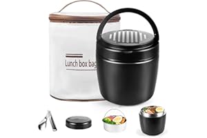 BAVATEE Contenitore Termico Per Alimenti Caldi 1200ml, Thermos Per Alimenti Caldi Doppio Strato con Cucchiaio Pieghevole, Thermos Cibo Caldo Adulti Antifuoriuscita. Per pasti/zuppe/pranzi(nero)