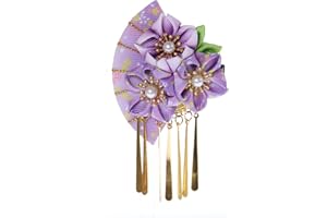 KAWAII-STORY C-119-3 Purple Handmade Fan Shape Sakura Cherry Blossom Fabric Flowers Tassels Hair Clip Hair Clip Hair Clip Japan Geisha Kimono Accessory