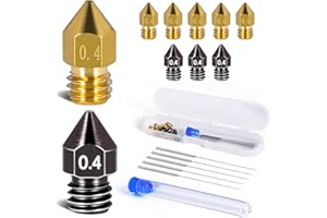 FBBULES 10 Stücke 0,4 mm MK8 Extruder 3D Drucker Düsen Kit, 6 Stück aus Messing und 4 Stück aus Gehärtetem Stahl, M6 Extruder Druckkopfdüsen für Filament 1,75 mm mit 5 Reinigungsstahlnadeln