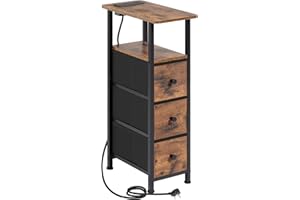 LOAKEKEL Slim Bedside Table with Charging Station, Narrow Side Table with 3 Fabric Drawers, Small Sofa Table with Open Storage Shelf, Nightstand for Small Spaces, Living Room, Brown UHETNDP03BR-1