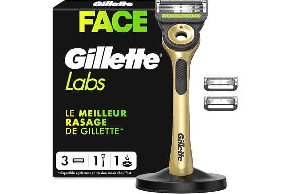 Gillette Labs rasoir manuel homme édition Champion Gold, manche réutilisable en métal, 3 recharges, cartouche GilletteLabs à 5 lames, rasage confortable avec barre exfoliante, technologie FlexDisc 2D