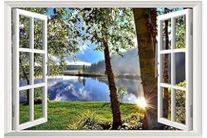 Lichi Realistic 3D Lakeside Wall Sticker, Peel & Stick Window Art Decal, Lake Forest View Nature Landscape, Self Adhesive Decoration, Mural for Bedroom Bathroom Living Room, Removable Wallpaper Decor