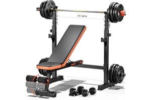 Fostoy 770lbs Weight Bench Set with Squat Rack, 5 in 1 Workout Bench Press With Removable Foot Catch, Adjustable Flat Incline Sit Up Bench for Home Gym Full Body Strength Training