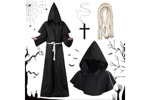 Vautvis Deguisement Moine Medieval Homme, Deguisement Halloween Homme Costume Moine à Capuche Renaissance Médiévale Costume Pretre Sorcier avec Corde de Taille de Cape et Collier de Croix