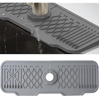 Meiliweser Siliconen kraan spatbescherming, 45,7 x 15 cm, kraan watervanger mat, langere siliconen gootsteenmat voor keuken, badkamer, wasruimte, boerderij, bar en camper (grijs