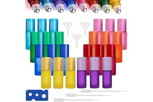 HOMURY Roll On szklane butelki na olejki eteryczne, 24 sztuki, szklane butelki 5 ml, z kulkami ze stali nierdzewnej i akcesoriami, pusta butelka na olejki eteryczne, perfumy, masaż (8 kolorów)