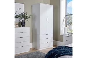 Home Source 2 Door 3 Drawer Wardrobe with Clothes Hanging Rail Storage Shelf Bedroom Organiser, White