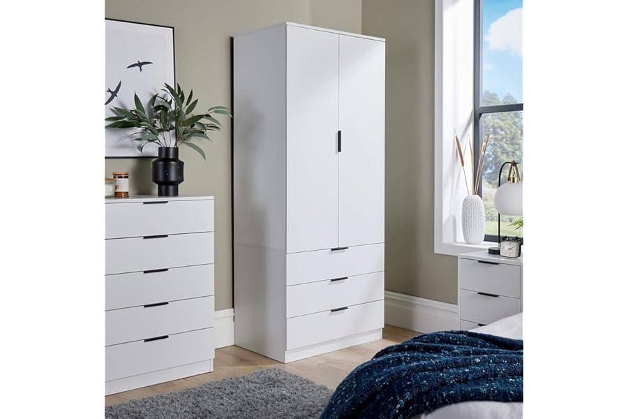 Home Source Phoenix Wardrobe with 2 Doors & 3 Drawers | 181cm Tall White | Hanging Rail & Storage Shelf | Contemporary Bedroom Furniture | 50D x 75W x 181H cm