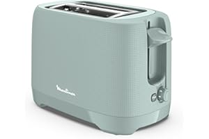 Moulinex Grille-pain 2 fentes extra-larges, Bouton arrêt, 7 niveaux de dorage, Réchauffage, Poignée de surélévation, Tiroir ramasse-miettes amovible, Morning, Eucalyptus, LT2M1310