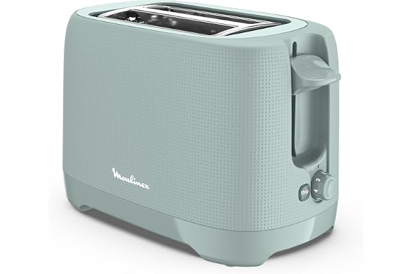 Moulinex Grille-pain 2 fentes extra-larges, Bouton arrêt, 7 niveaux de dorage, Réchauffage, Poignée de surélévation, Tiroir ramasse-miettes amovible, Morning, Eucalyptus, LT2M1310