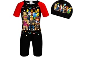 Brigcalki Roblox Swimming Costume One Piece with Cap Boys Swimuit Kids Swimming Trunks Pool Beach Bathing for 5-12 Years