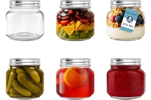 HEFTMAN Tarros de vidrio con tapas, juego de 6 tarros herméticos de 250 ml para avena durante la noche, mermelada casera, tarro de vidrio resistente con tapa para miel, encurtidos, conservas