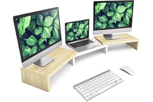 RFIVER Supporto per Doppio Monitor, Supporto Monitor 3 Ripiani per Laptop, Lunghezza Regolabile e Angolo di Rotazione di Legno Desktop Organizer Supporto Max 20 kg Quercia