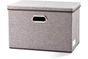 Prandom Grande Boîte de rangement pliable avec couvercle,[Lot de 1] bac de rangement de lin décorative, Panier Cube avec poignées,gris(43x30x30cm)