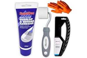 DECEX Wallpaper Repair Adhesive Kit Containing 1x250g SupaDec Wallpaper Paste Ready Mixed Along with Latex-Free Gloves, Harris Wall Paper Smoother, & Seam Roller - Easy to Use & Apply for All Wall Coverings