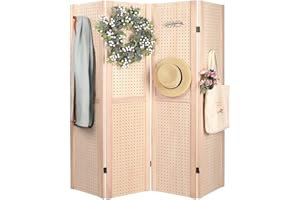 Gdmokle 4 Panel Pegboard Display, High Folding Privacy Screens Room Divider, Portable Freestanding Wood Room Display Board For Craft Show, Jewelry, Retail Wall Organizer, Natural Wood, 40cmX170cm