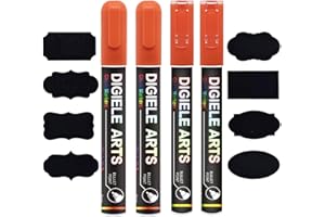 Pennarelli Gesso Liquido Arancia, DIGIELE 2 Pcs Pennarello 3mm + 2 Pcs 6mm Pennarello Gesso Arancia e 16 Etichette Adesive Lavagna, Asciutto o Bagnato Cancellabili, Reversibile Punta Scalpello o Tonda