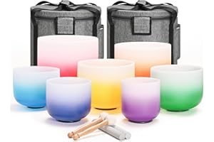 CVNC 432HZ 6-12 Inch Set of 7 PCS Aria Gradient Design Frosted Quartz Crystal Singing Bowls with 2 PCS Carry Case Bag for Sound Healing and Therapy Meditation