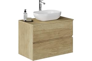 Baikal Baño Onyx, 2 cajones, suspendido en Pared, con Lavabo cerámico. Mueble Montado, Melamina 16,Mueble F46 + Top + Lavabo 80 cm Nature