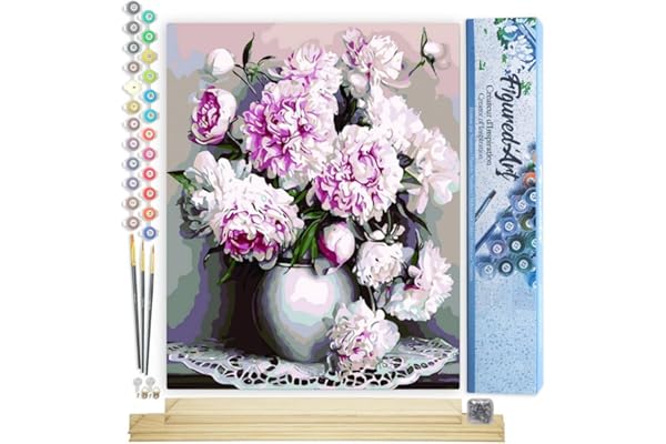 Figured'Art Peinture par Numéro Adulte Vase de Pivoines - Activité Manuelle Kit de Loisir Créatif DIY Numéro d'Art Complet - 40x50cm avec châssis en bois à monter