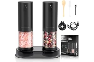 Pourbibi Electric Salt and Pepper Grinder Set, Rechargeable Salt Pepper Grinder Set with Base, USB Charging Salt and Pepper Grinder with LED Light, Adjustable Grind Coarseness from Ceramic Blades