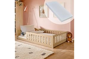 KIDS COLLECTIVE Montessori, lettino per bambini, 120 x 200 cm, con materasso, protezione anticaduta e rete a doghe, letto singolo per bambini, letto singolo, 80 x 160 cm, 90 x 200 cm, 140 x 200 cm, 140 x 200 cm