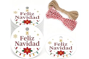 G2PLUS 100PCS Etiquetas Feliz Navidad: Etiquetas Regalo Navidad 5,5 cm– Diseño Exclusivo en Español con 20m de Cuerda para Regalos, DIY y Decoración Navideña