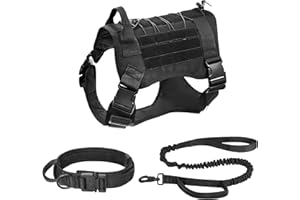 FLOVIPPET Pettorina Tattica per Cane 3 Set, Pettorina per Animali Senza Trazione con Collare e Guinzaglio, Gilet per Cani Imbottito Morbido Regolabile, Pettorina per Cani di Taglia Media (Nero,L)