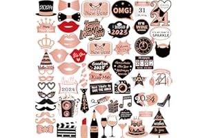 PARSUP 60pcs 2024 New Year Photo Booth Props, Pink New Years Eve Party Photo Booth with Stick for Adult Kids Women Men Party Accessories for 2024 Rose Gold NYE Party Decor Decoration Favor Supplies