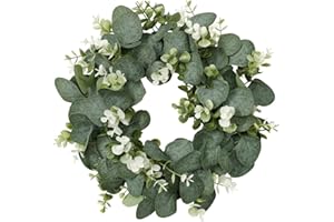 HAOSHICS HAOSHCIS - Corona de eucalipto artificial con flores, hojas verdes sintéticas, corona de eucalipto para puerta delantera, pared, festival, celebración, chimenea, ventana, decoración de fiesta (D)