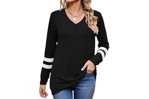 Hveuluop Gieen Camiseta de Manga Larga para Mujer, con Cuello en V, Suelta, Informal, a Rayas, Jersey