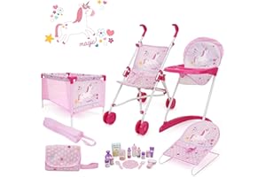 509 Crew 21 Piece Doll Stroll n Play & Care Combo Set, Doll Stroller, Doll Playard, Doll High Chair Set, Carry Cot, Diaper Bag, Feeding and Grooming Accessories, Ages 3+