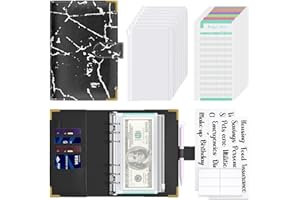 Hnogri Budget Binder with Zipper Envelopes, A6 Money Saving Binder Cash Envelopes for Budgeting, PU Leather Budget Planner Money Organizer for Cash Bills, Floral Budget Wallet for Women, Black Marble