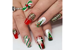 DMQ Christmas False Nails Long, 24Pcs Red Green Glitter Press on Nails, Coffin Fake Nails with Xmas Tree, French Christmas Nail Tips with Nail Glue Stick on Nails for Women Girls Nail Art