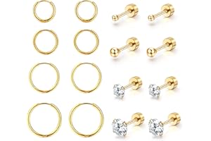Dochais 8 Par Kolczyków Złoto Srebrnych, Kolczyki Ze Stali Chirurgicznej 316L, Pozłacane 14-Karatowym Złotem Okrągłe Kolczyki Sztyfty z Cyrkoniami, Hipoalergiczne Kolczyki Kółka