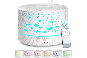 Hianjoo 700ml Difusores Aceites Esenciales, Humidificador Aromaterapia Ultrasónico Aroma Eléctrico SPA Yoga con 7 Luz Hollow out Ocean Gran Elección de Regalos para Navidad y Año Nuevo, Madera Blanca