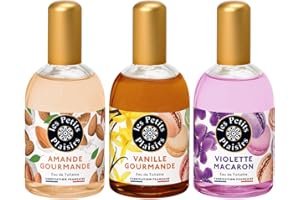 Les Petits Plaisirs - Lot de 3 - Eau de toilette Amande gourmande, Vanille gourmande & Violette macaron. Eau de toilette femme, Gourmandes & Sucrées. Made in France. 110ml