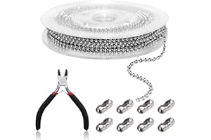 LOREC 32.8 Feet Stainless Steel Ball Bead Chain Ball Chain Beaded Pull Chain Extension Roller Chain Silver With 50 Roller Blind Chain Connectors 1 Pliers for Bracelet Keychain Tag DIY Jewellery Making