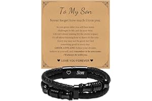 FLHEART Leather Bracelets Mens Gifts Jewellery - to My Son Dad Bracelet Handsome Premium Leather Black Stainless Steel Magnetic Clasp Cuff Bangle for Father's Day Graduation for Daddy Papa Son